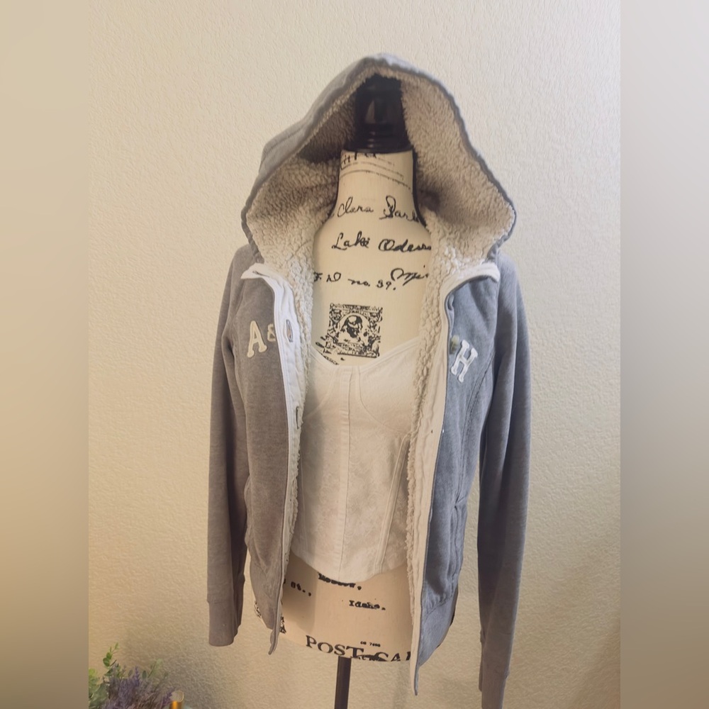 Y2K Icon! Abercrombie & Fitch Sherpa-Lined Logo Hoodie - Grey - Size Large - Picture 5 of 5